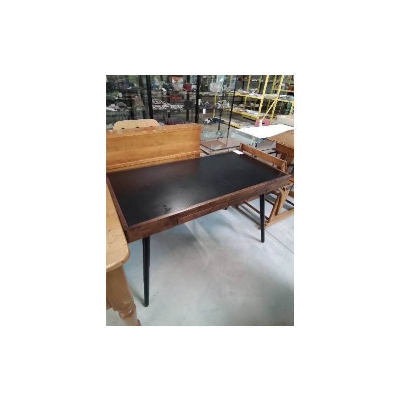 BUREAU RECTANGULAIRE BOIS MARRON ET NOIR PIEDS COMPAS 2 TIROIRS 