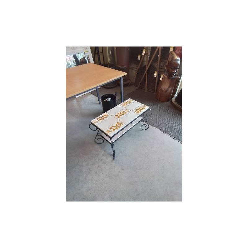 TABLE BASSE RECTANGULAIRE PIÈTEMENT FER FORGÉ NOIR 2 PLATEAU CARRELÉ ANNÉES 50