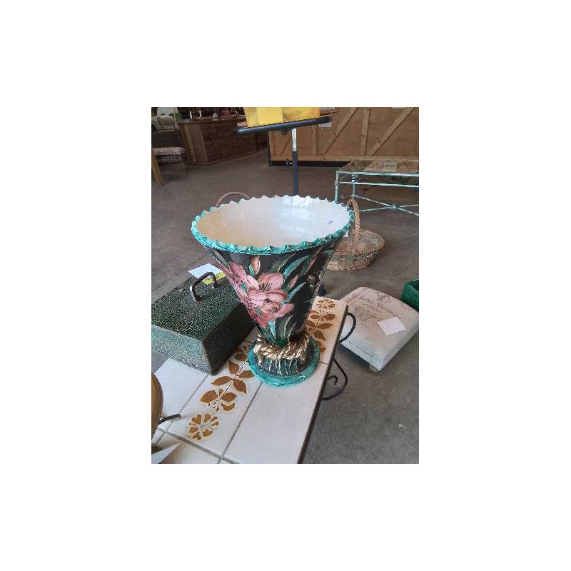 VASE VALLAURIS VERT DORÉ AUX FLEURS 30CM