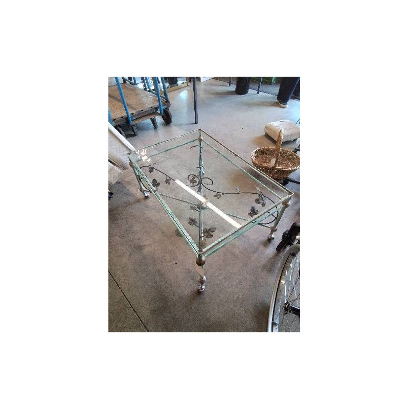TABLE BASSE RECTANGULAIRE METAL VERT SUR ROULETTES AUX FEUILLAGES A ROULETTES PLATEAU VERRE 
