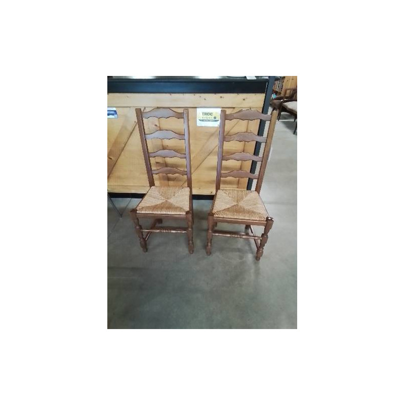 PAIRE DE CHAISES BOIS PAILLÉ DOSSIER 4 BARREAUX CHANTOURNÉ PIEDS BALUSTRE 