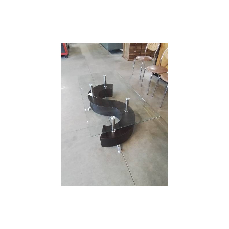 TABLE BASSE RECTANGULAIRE MÉTAL CHROMÉ ET BOIS MARRON PLATEAU VERRE 2 TIROIRS COULISSANTS