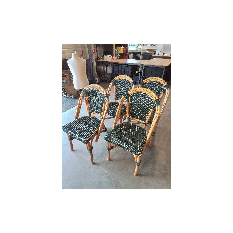 4 CHAISES DE TERRASSE ROTIN ET RÉSINE TRESSÉE VERT ROLAND VLAEMYNCK TISSEUR 