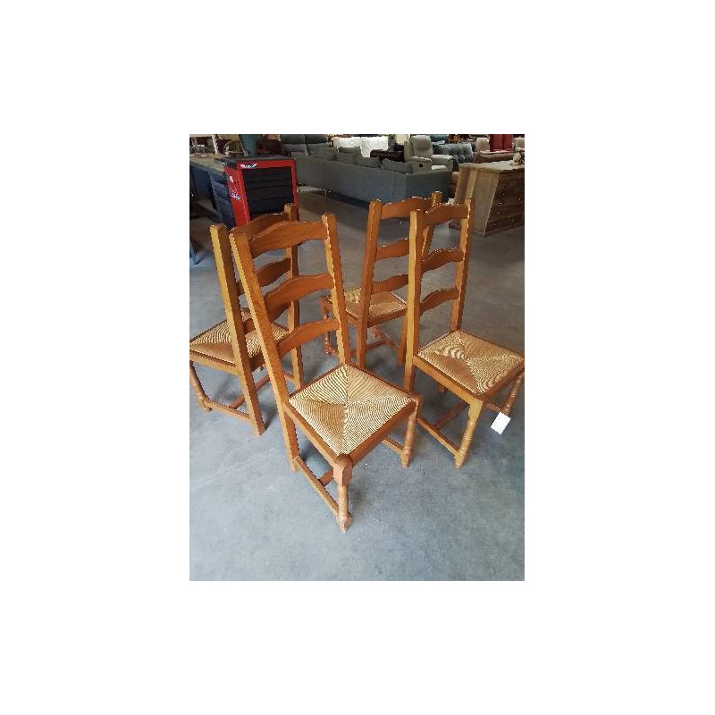 4 CHAISES BOIS CLAIR PAILLÉ A ENTRETOISE DOSSIER 3 BARREAUX CHANTOURNÉ 