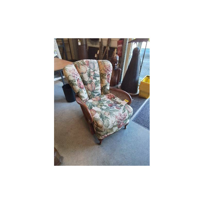 FAUTEUIL BOIS ASSISE ET DOSSIER TISSU DÉCOR AUX FRUITS ACCOTOIRS CANNÉS
