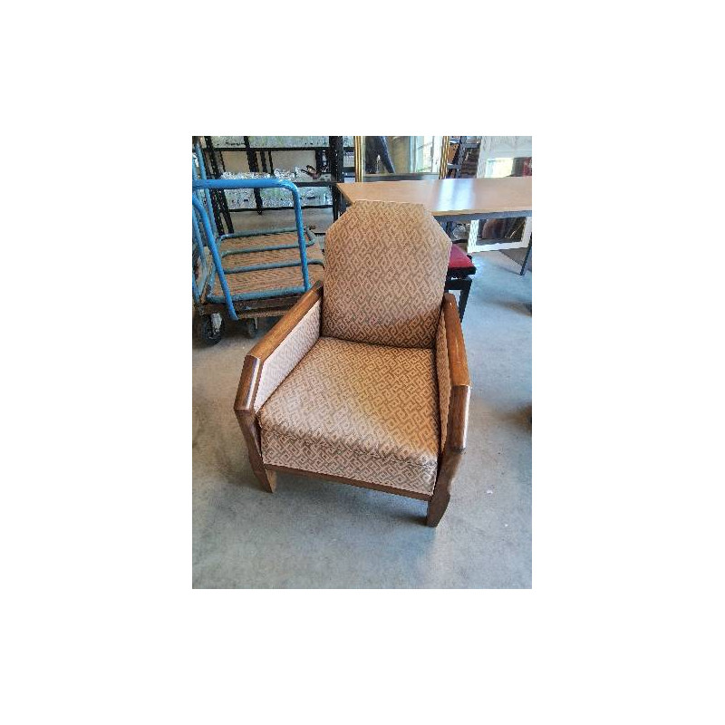 FAUTEUIL ART DÉCO BOIS CAPITONNÉ TISSU ORANGÉ 