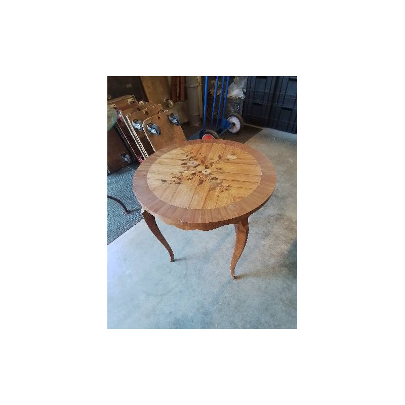 GUERIDON ROND BOIS CLAIR PLATEAU MARQUETÉ DÉCOR AUX ROSES