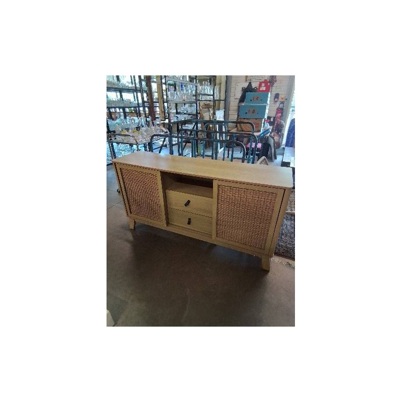 ENFILADE BOIS CLAIR 2 PORTES COULISSANTES 2 TIROIRS 1 NICHE PIEDS COMPAS 