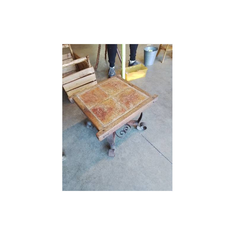 TABLE BASSE CARRÉ FER FORGÉ PLATEAU BOIS CARRELÉ 