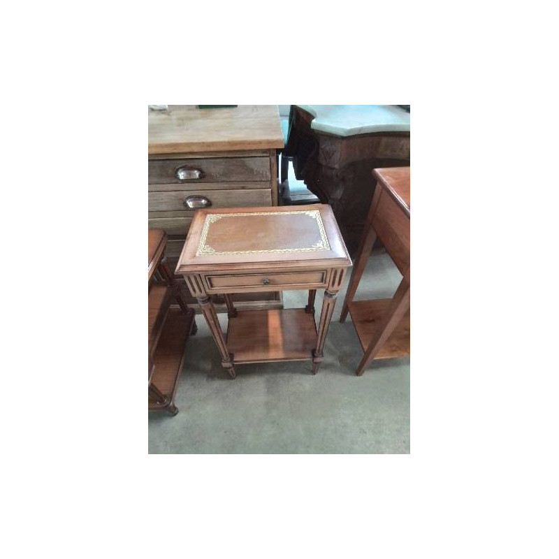 CONSOLE BOIS CLAIR A COLONNES 1 TIROIR DESSUS CUIR LISERÉ DORÉ 