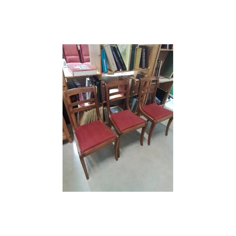 3 CHAISE BOIS ASSISE CAPITONNÉ TISSU ROUGE DOSSIER 3 BARREAUX STYLE RESTAURATION 
