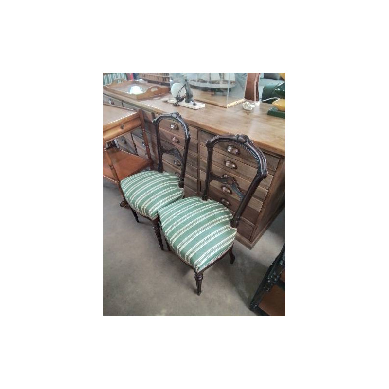 PAIRE DE CHAISES NAPOLÉON III PALISSANDRE ASSISE TISSU VERT A RAYURES 