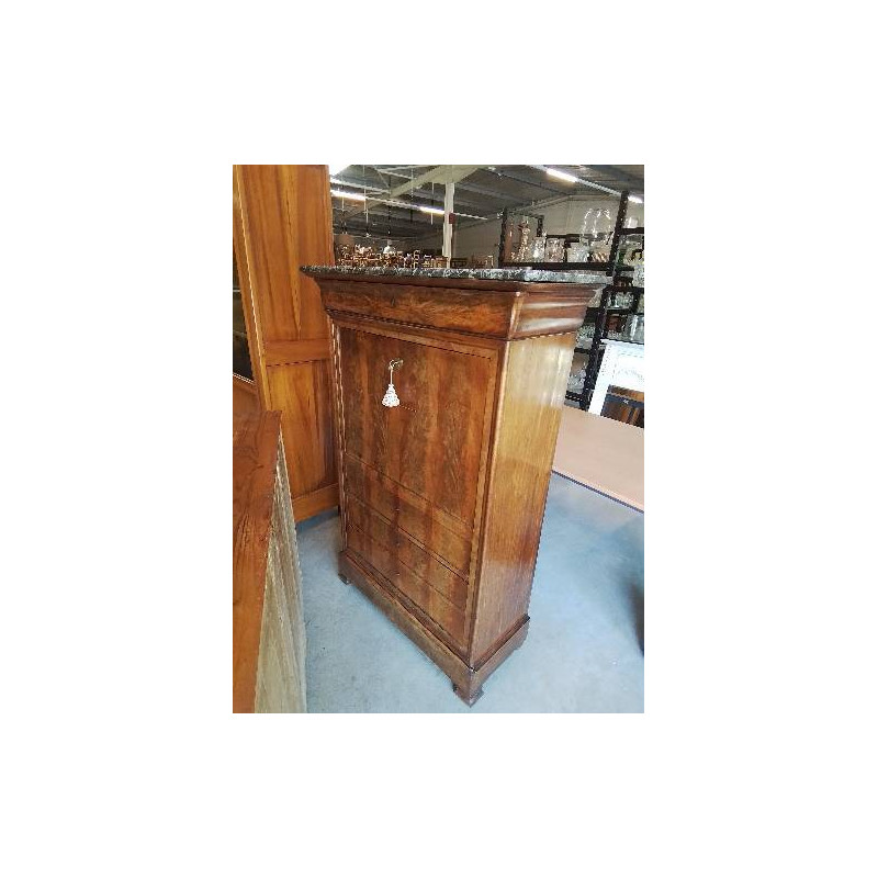 SECRÉTAIRE BOIS 4 TIROIRS 1 PORTE DESSUS MARBRE NOIR VEINE FIN XIXE