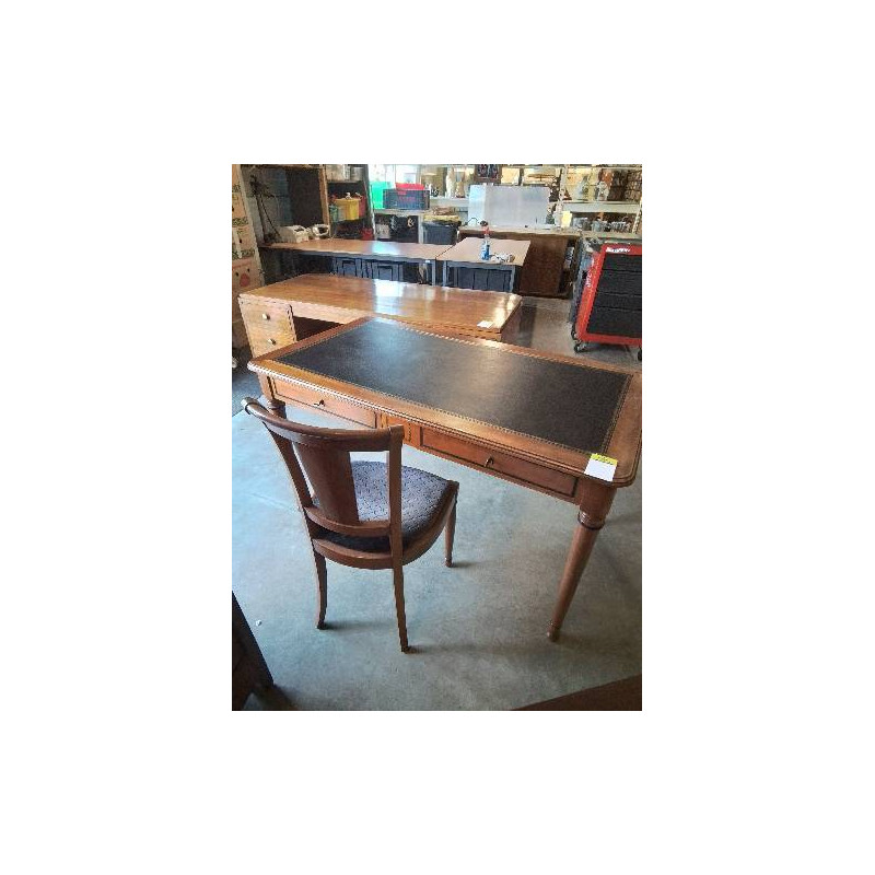 BUREAU PLAT BOIS CLAIR DESSUS CUIR NOIR 2 TIROIRS AVEC CHAISE BOIS CAPITONNÉ TISSU GRIS STYLE DIRECT