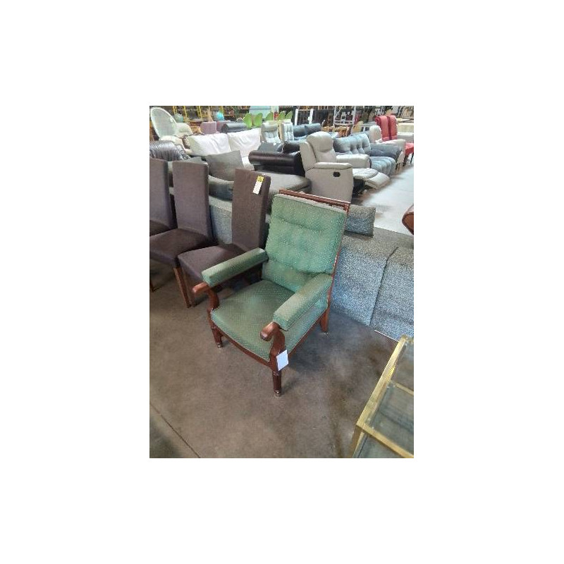 FAUTEUIL BOIS PIEDS CANNELÉ CAPITONNÉ TISSU VERT 