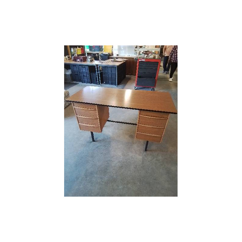 BUREAU RECTANGULAIRE BOIS ET FORMICA MARRON PIÈTEMENT MÉTAL NOIR 6 TIROIRS ANNÉES 70