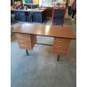 BUREAU RECTANGULAIRE BOIS ET FORMICA MARRON PIÈTEMENT MÉTAL NOIR 6 TIROIRS ANNÉES 70