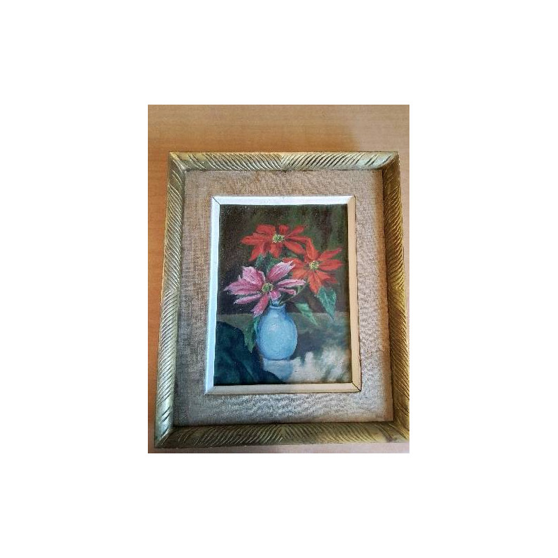 HUILE SUR PANNEAU BOUQUET DE FLEURS AU VASE BLEU CADRE DORÉ 