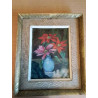 HUILE SUR PANNEAU BOUQUET DE FLEURS AU VASE BLEU CADRE DORÉ 
