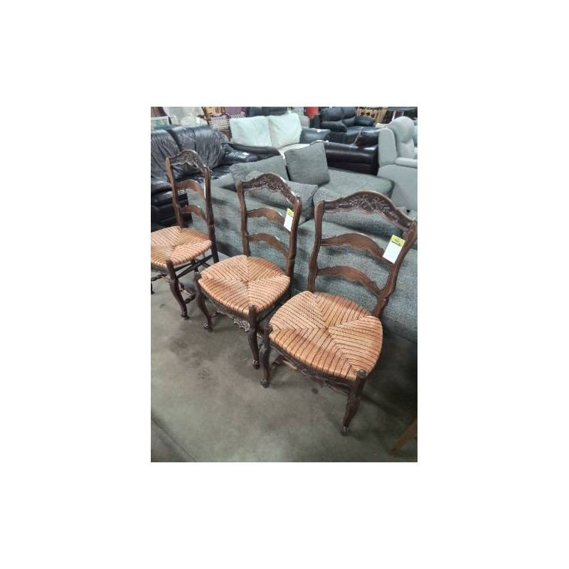 6 CHAISES BOIS DOSSIER CINTRÉ SCULPTÉ ASSISE PAILLÉE BICOLORE PIEDS ESCARGOT 