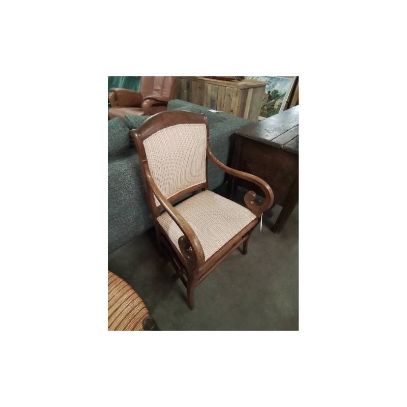 FAUTEUIL A CROSSES BOIS CLAIR ASSISE ET DOSSIER TISSU ÉCRU A PETITS CARREAUX STYLE RESTAURATION 