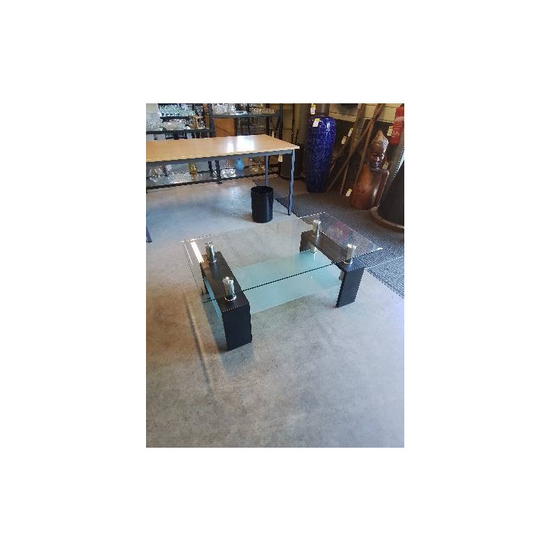 TABLE BASSE RECTANGULAIRE PIÈTEMENT BOIS NOIR 2 PLATEAUX VERRE