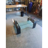 TABLE BASSE RECTANGULAIRE PIÈTEMENT BOIS NOIR 2 PLATEAUX VERRE