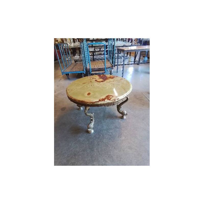 TABLE BASSE RONDE PIÈTEMENT LAITON AUX DAUPHINS PLATEAU MARBRE