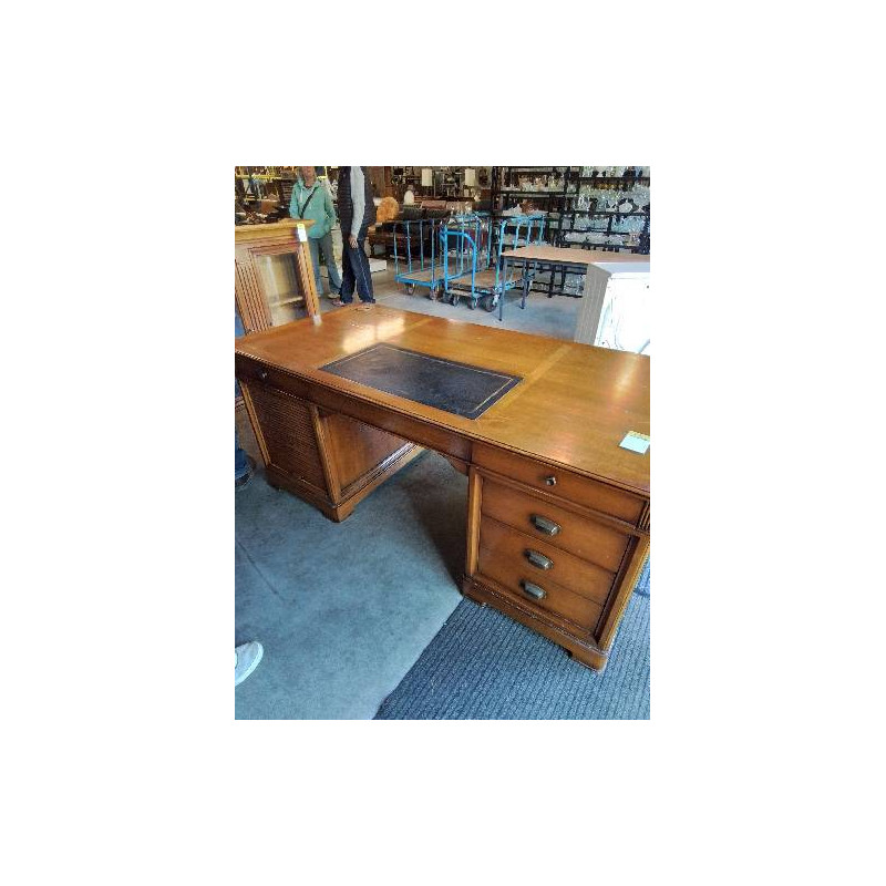 BUREAU RECTANGULAIRE A RIDEAU BOIS CLASSEUR 6 TIROIRS DESSUS CUIR NOIR 