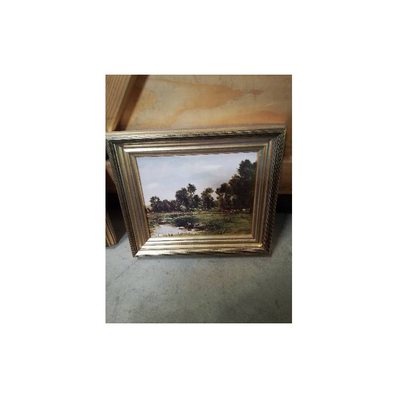 TABLEAU REPRODUCTION PAYSAGE DE FERME CADRE DORÉ 