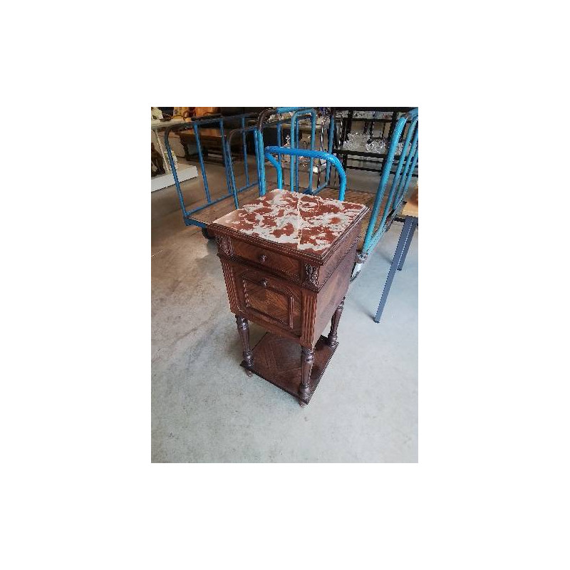 CHEVET ACAJOU A COLONNES 1 PORTE 1 TIROIR DESSUS MARBRE ROUGE VEINÉ FIN XIXE 
