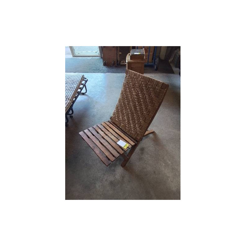 FAUTEUIL PLIANT BOIS ASSISE AJOURÉE DOSSIER CORDAGE TRESSÉ ANNÉES 50/60