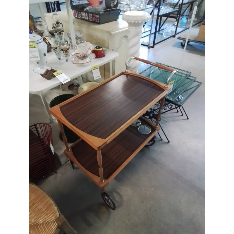 DESSERTE A ROULETTES BOIS ET FORMICA MARRON 2 NIVEAUX ANNÉES 70