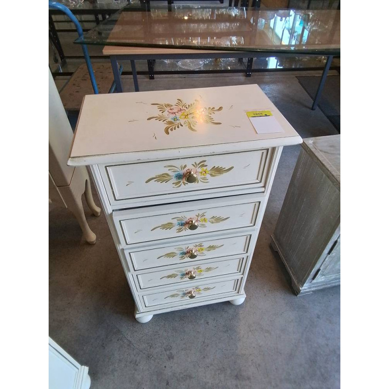 CHIFFONNIER BOIS ECRU DÉCOR AUX FLEURS PIEDS BOULES 5 TIROIRS 