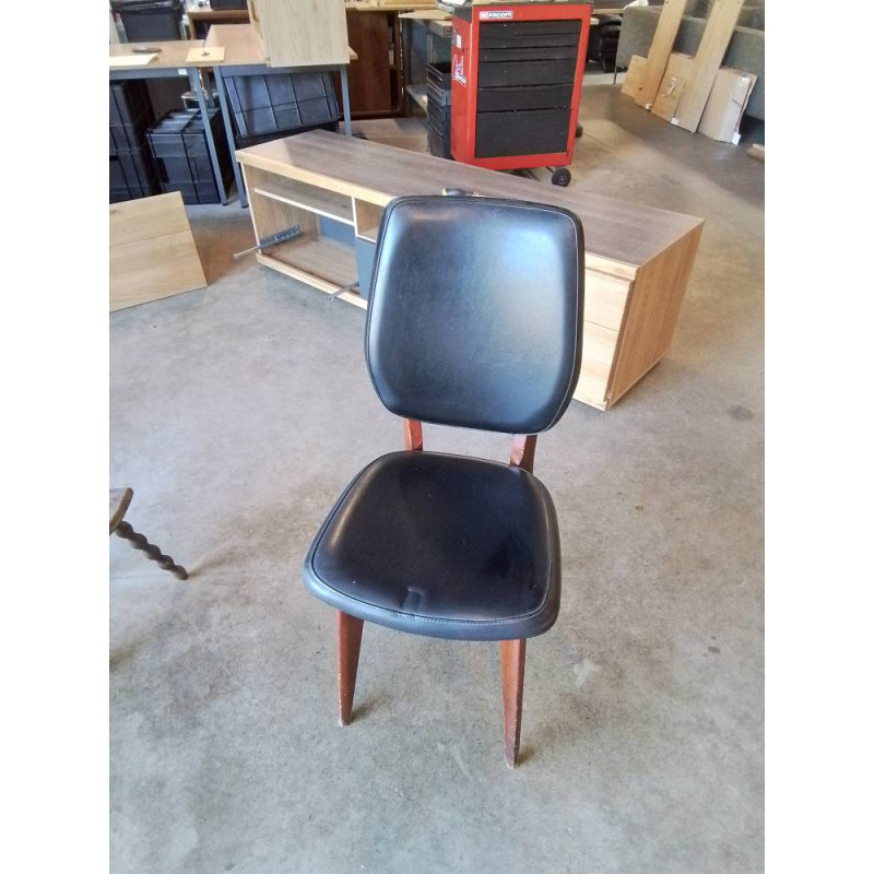 CHAISE BOIS ASSISE ET DOSSIER CAPITONNÉ SKAÏ NOIR ANNÉES 60