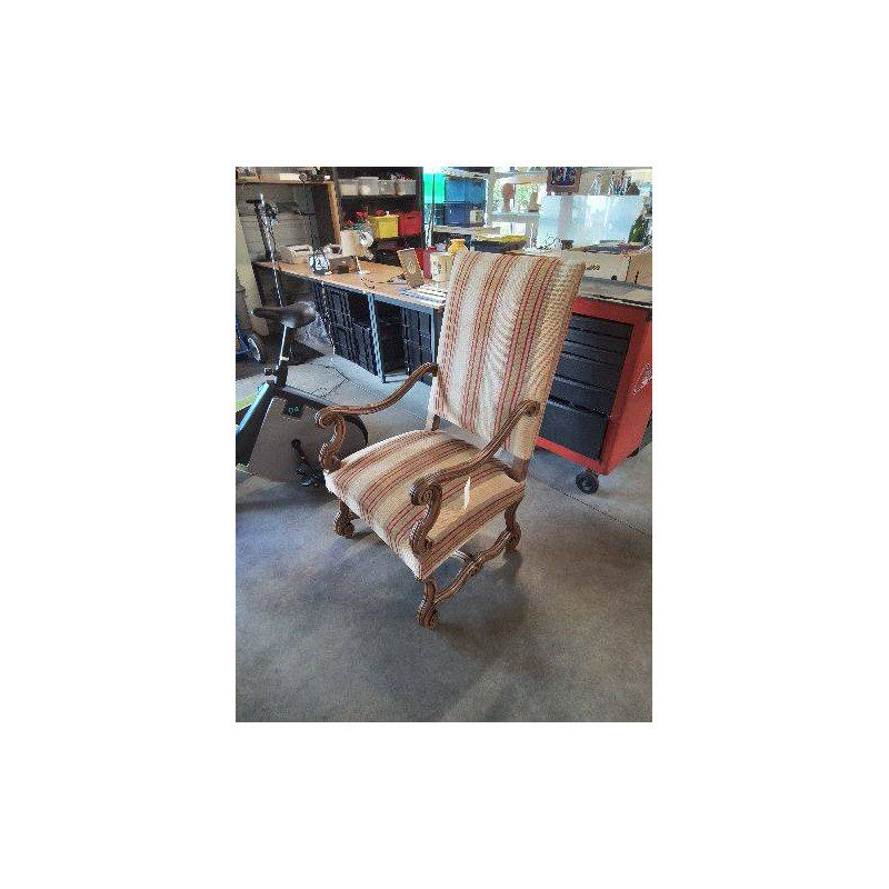FAUTEUIL LOUIS XV BOIS CAPITONNÉ TISSU ECRU A RAYURES 