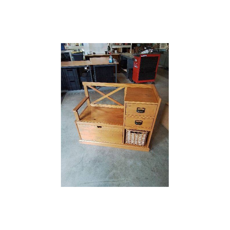BANC COFFRE PIN DOSSIER A CROISILLON 2 TIROIRS 1 PANIER OSIER EN L\'ÉTAT 