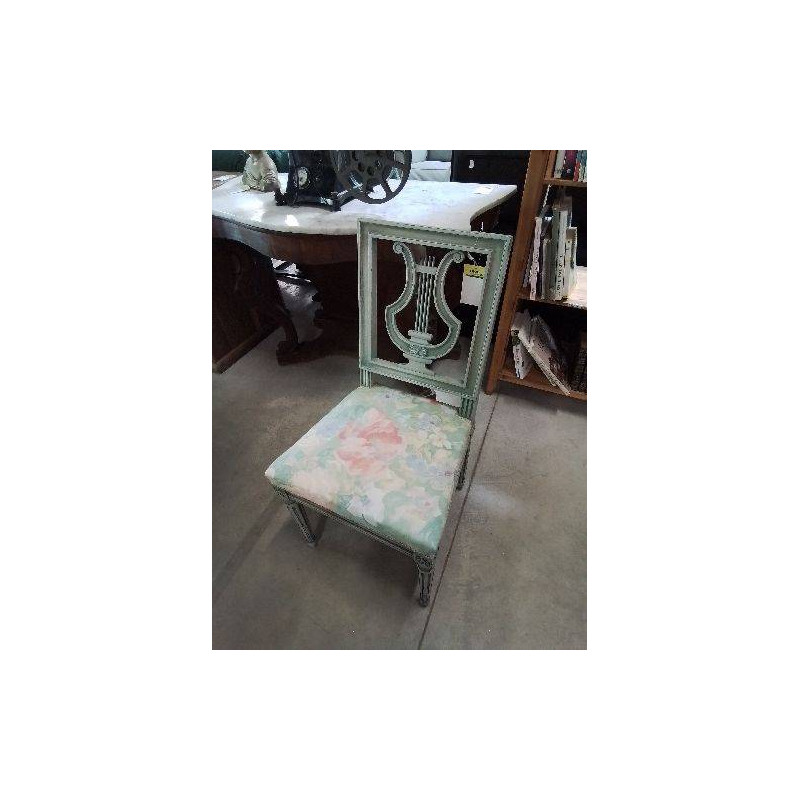 CHAISE BOIS VERT DOSSIER LYRE ASSISE TISSU VERT FLEURI STYLE LOUIS XVI