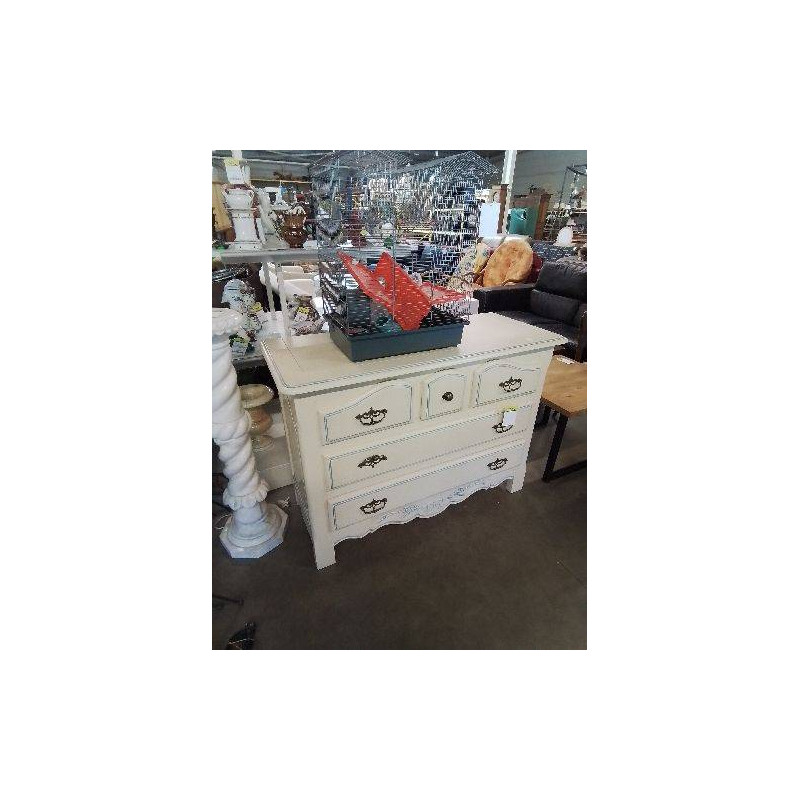 COMMODE BOIS ECRU LISERÉ BLEU 5 TIROIRS 