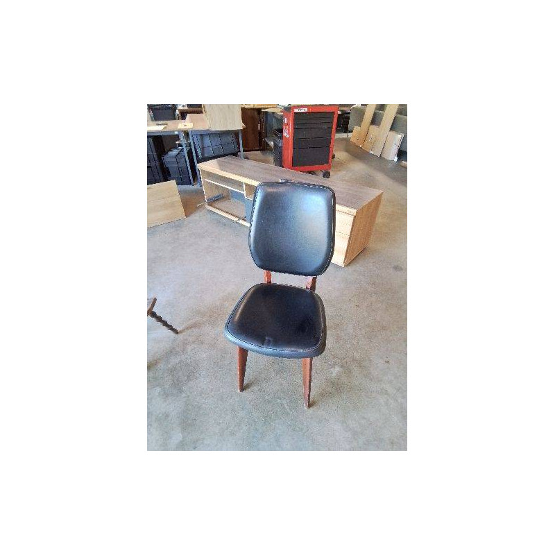 CHAISE BOIS ASSISE ET DOSSIER CAPITONNÉ SKAÏ NOIR ANNÉES 60