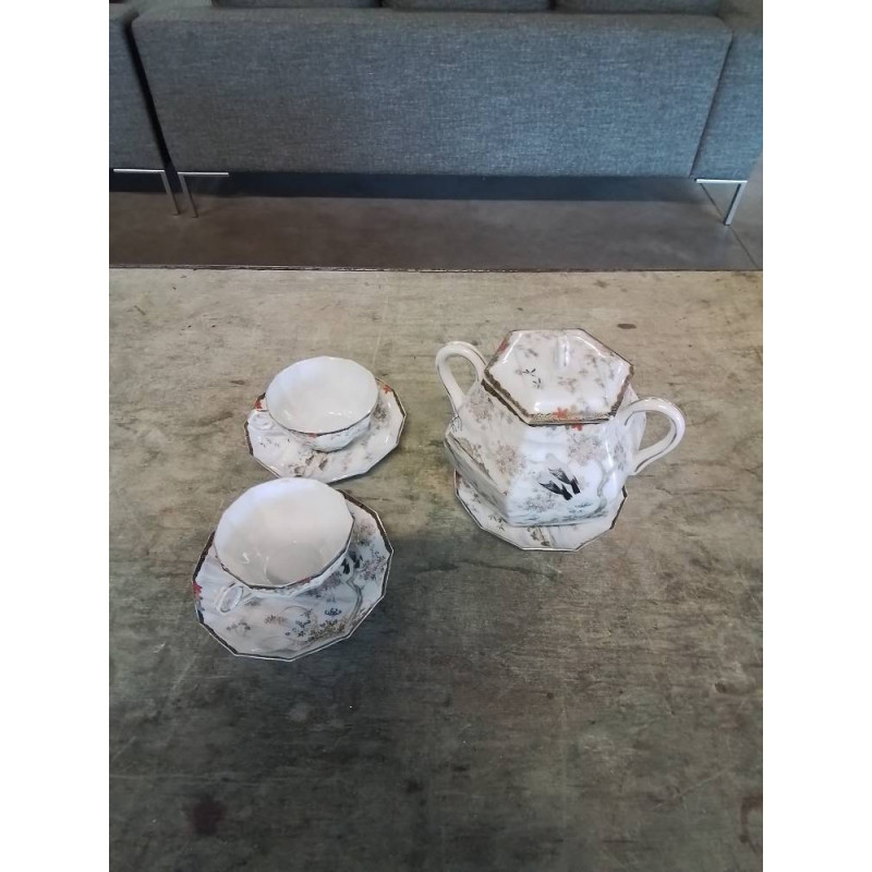 SUCRIER ET 2 TASSES AVEC SOUCOUPES PORCELAINE CHINE KUTANI DÉBUT XXE