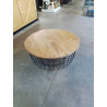 TABLE BASSE RONDE PIÈTEMENT FER FORGÉ NOIR PLATEAU BOIS CLAIR