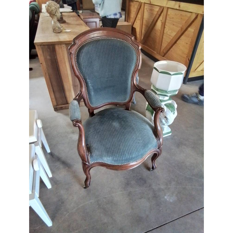 FAUTEUIL ACAJOU NAPOLEON III ASSISE ET DOSSIER TISSU BLEU 