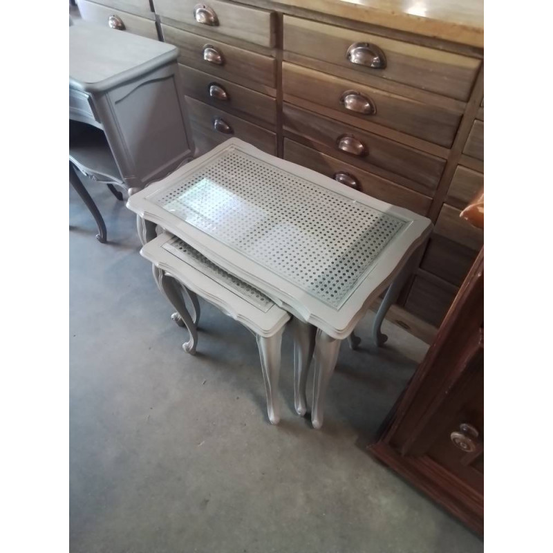 3 TABLES BASSES GIGOGNES BOIS TAUPE CANNÉ DESSUS VERRE