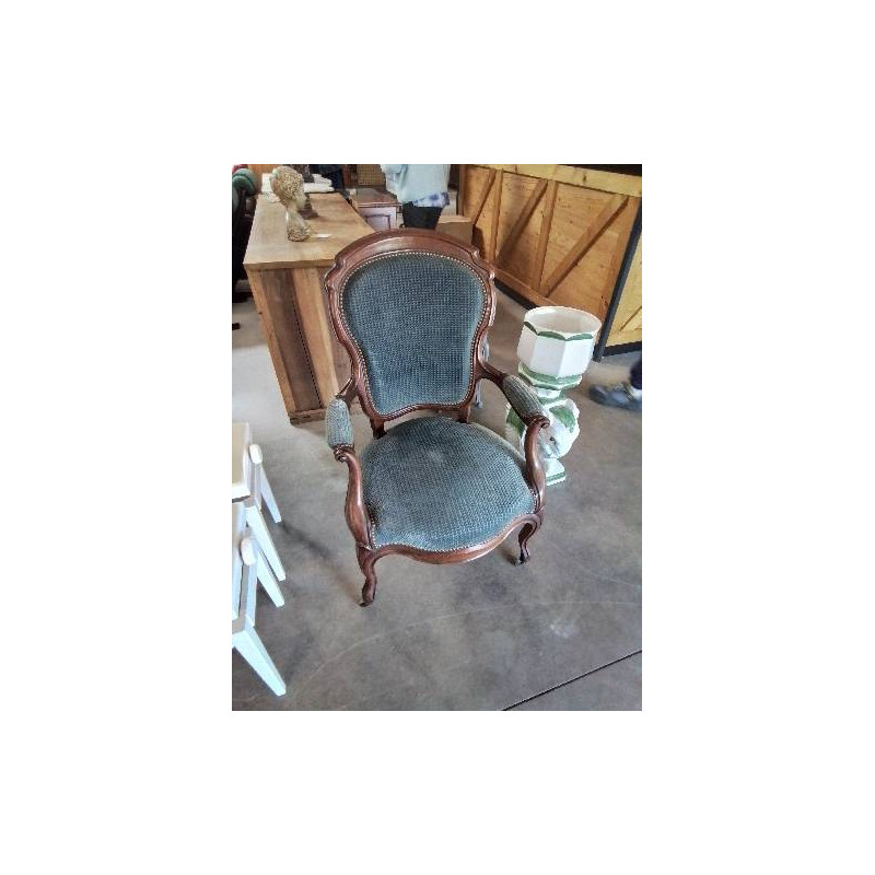 FAUTEUIL ACAJOU NAPOLEON III ASSISE ET DOSSIER TISSU BLEU 