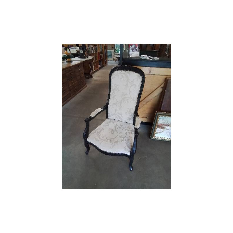 VOLTAIRE BOIS PEINT NOIR ASSISE ET DOSSIER CAPITONNÉ TISSU ECRU  
