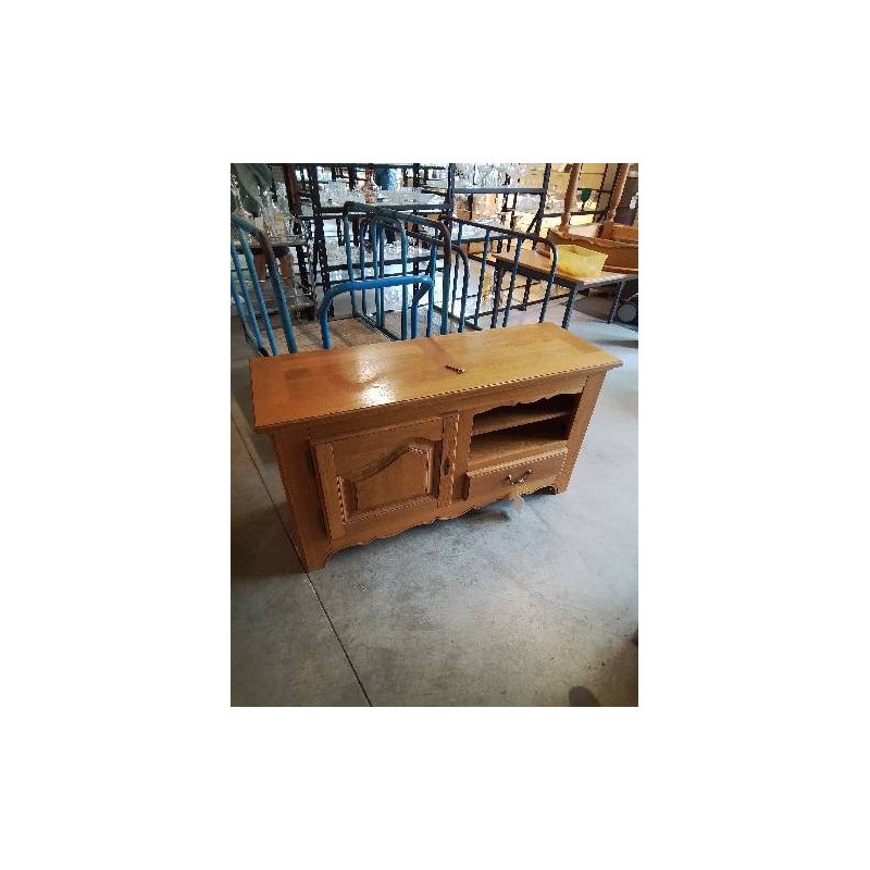 MEUBLE TV BAS CHÊNE CLAIR MOULURÉ 1 PORTE 2 NICHES 1 TIROIR 