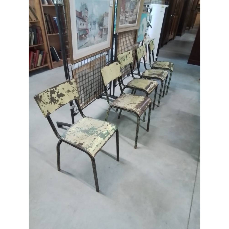 5 CHAISES TÔLE ET MÉTAL NOIR JAUNE VERT STYLE INDUSTRIEL ANNÉES 50