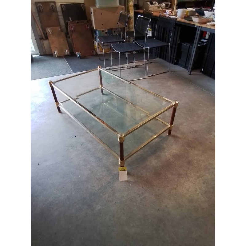 TABLE BASSE RECTANGULAIRE PIÈTEMENT LAITON 2 PLATEAUX VERRE ANNÉES 70
