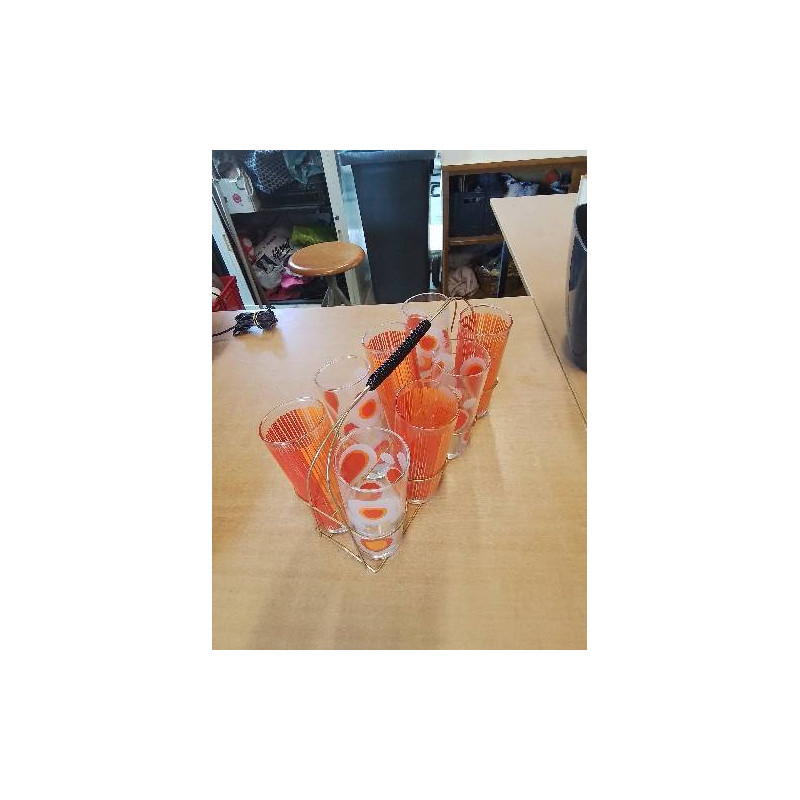 SERVICE A ORANGEADE SUPPORT MÉTAL DORÉ 8 VERRES TEINTÉ ORANGE ANNÉES 70